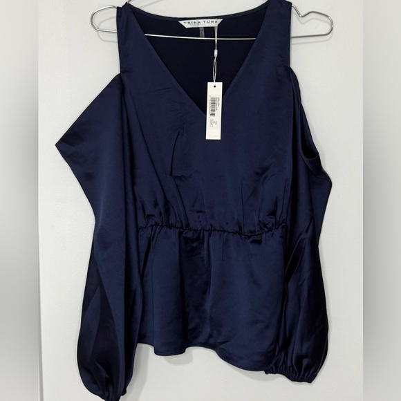 Trina Turk NWT Navy Milky Way Cold Shoulder Balloon Sleeve Satin Long Sleeve Top - Picture 3 of 6